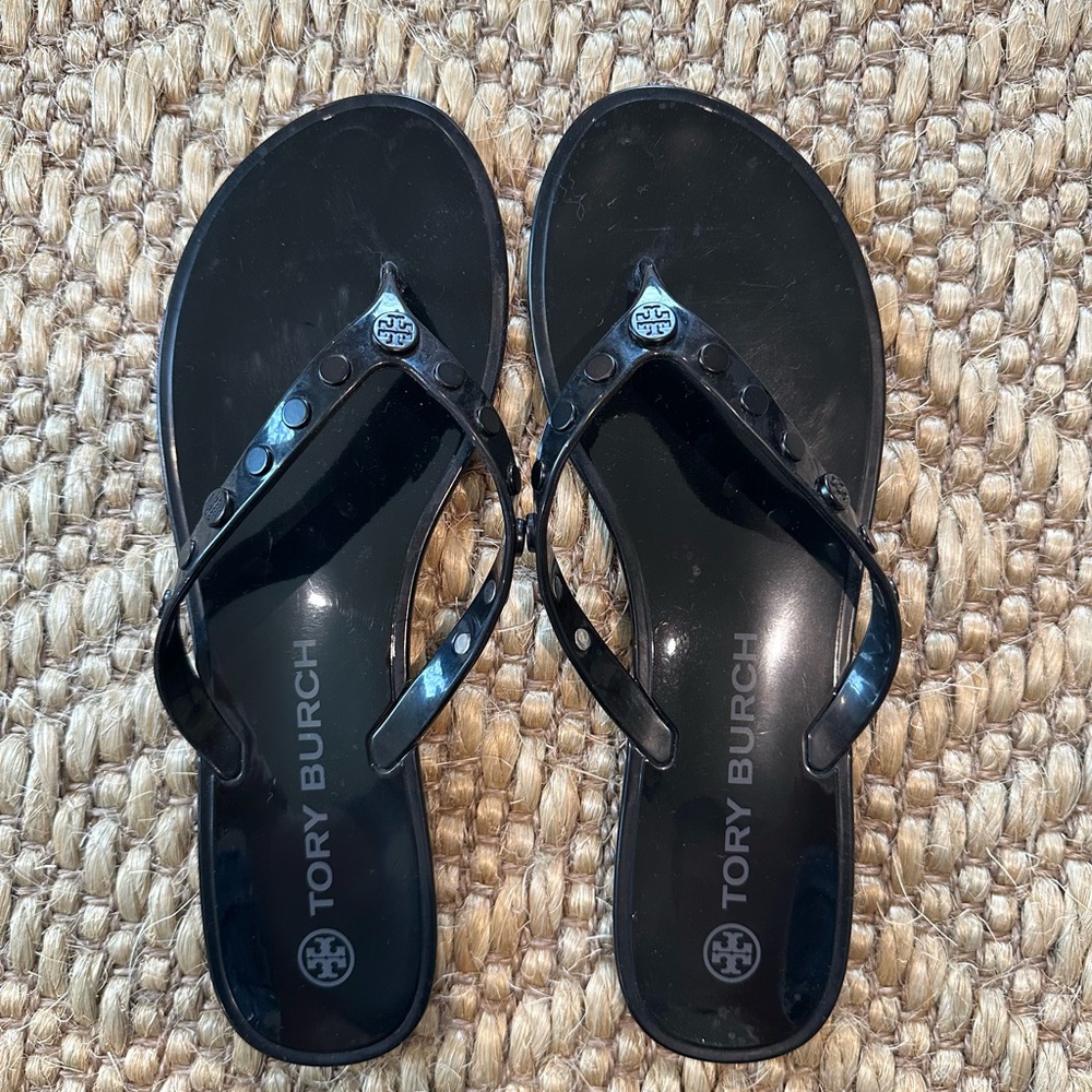 Tory Burch Black Logo Jelly Flip Flop Sandals